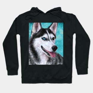 Beautiful Siberian Husky Painting with Turquoise background Hoodie